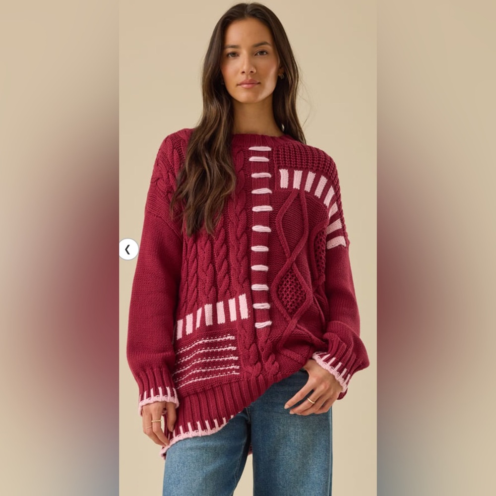 100% Cotton Burgundy Wine Red & Pink Cable Whipstitch Oversized Sweater